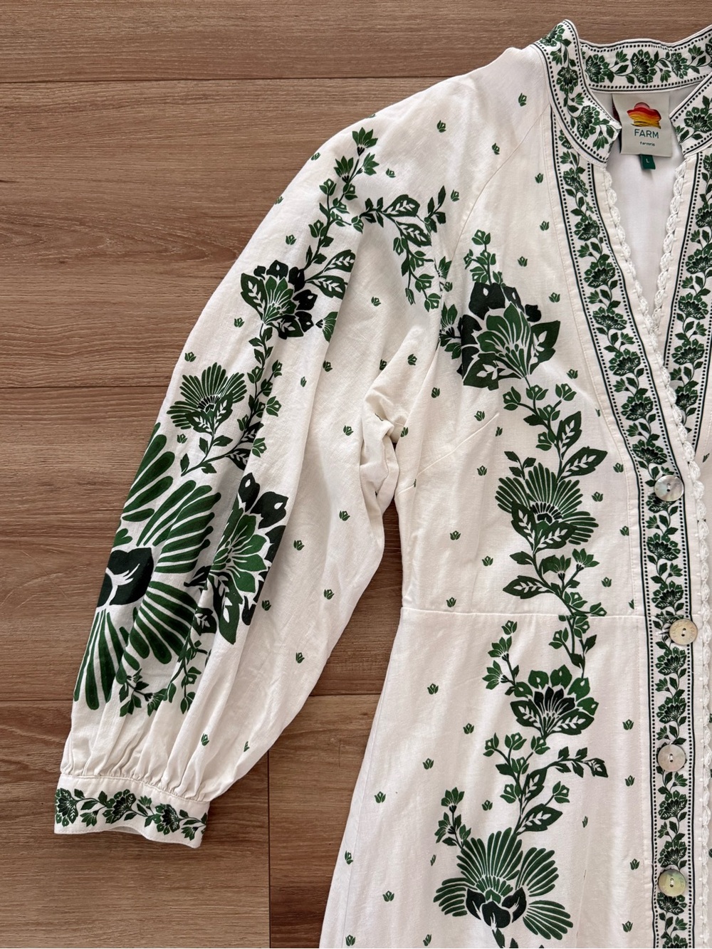 FARM RIO BRAND FOREST SOUL LINEN MAXI DRESS White & Green Floral LARGE SIZE - Picture 6 of 9